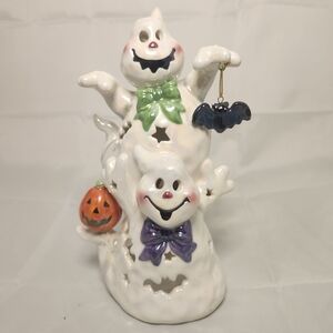 8” Vintage Iridescent Spooky Ghost Halloween Ceramic Tealight Holder